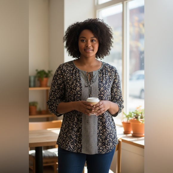 fun 2 fun Tops - Women's Navy and Cream Patterned Top